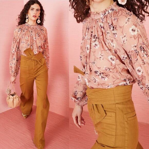 Ulla Johnson Arnoux Blouse in Cafe Peach/Tan Silk Blend Size 4 Ballon Sleeves - Picture 1 of 11